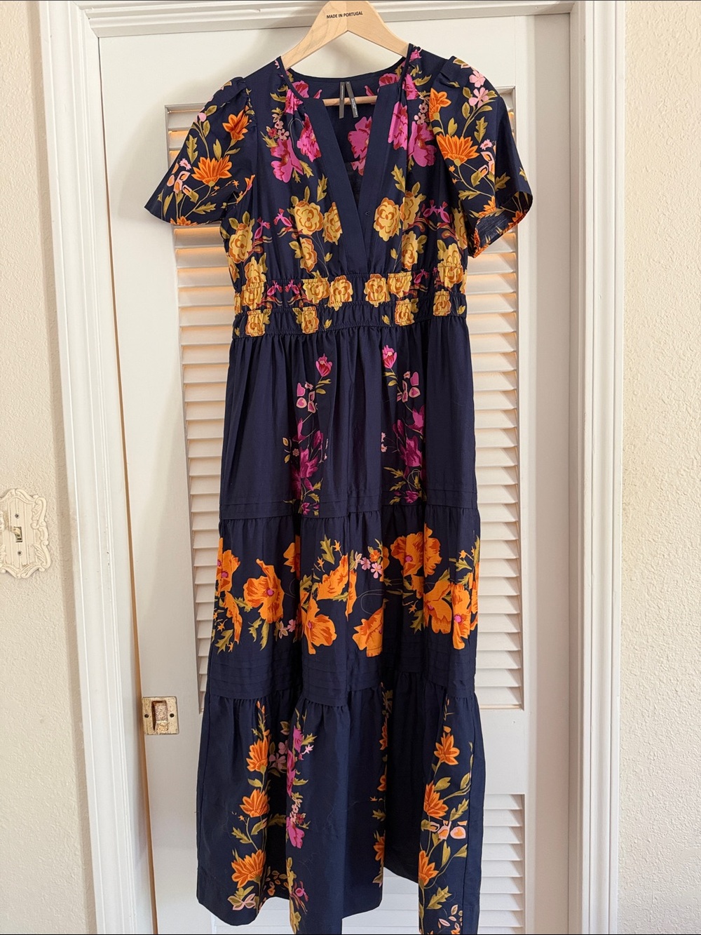 Anthropologie Navy Floral Tiered Maxi Dress with V-Neck
